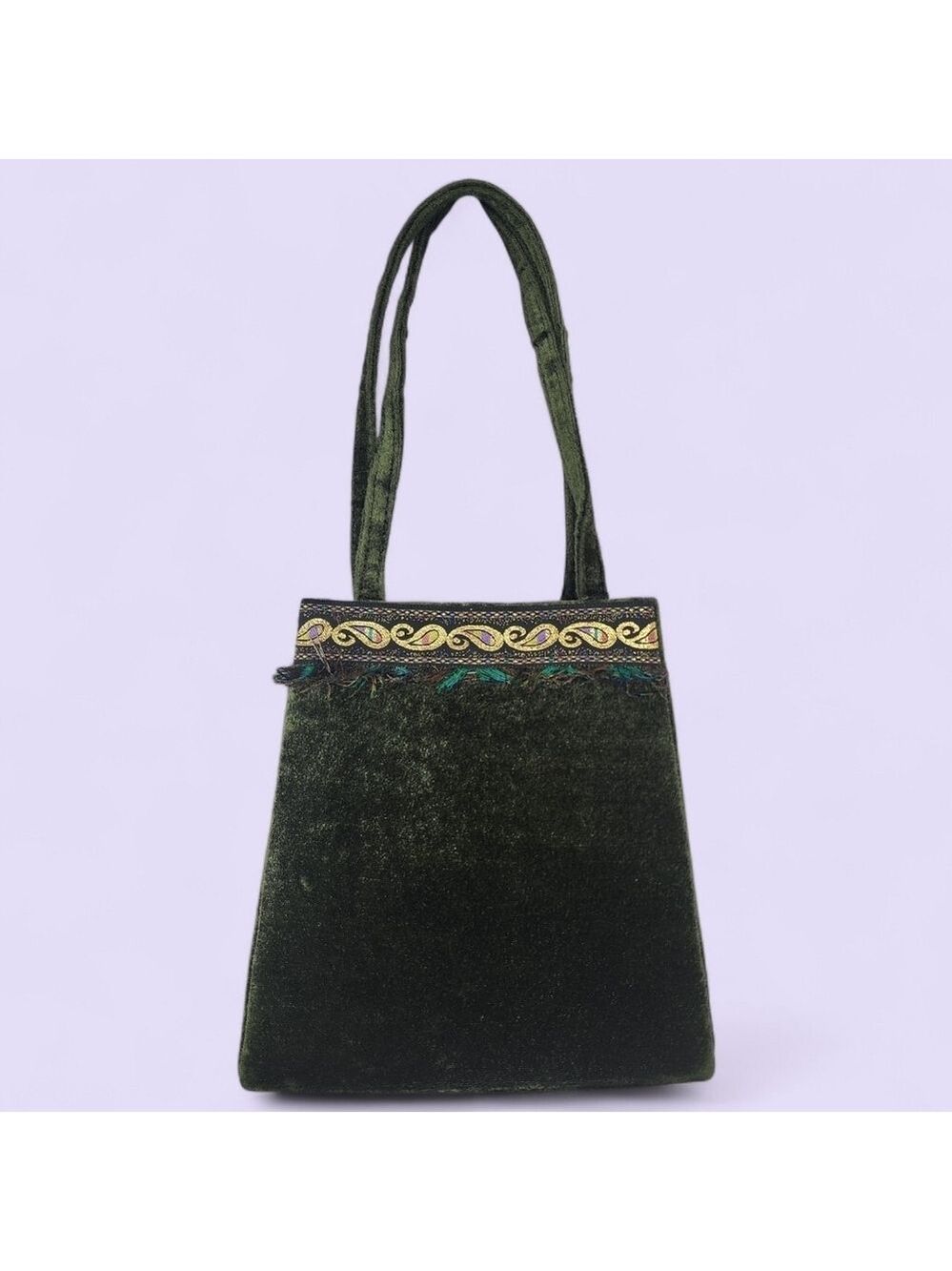 Vintage 60s Emerald Velvet Mini Bag Paisley Fringe Trim Jewel Tone Trapeze Purse